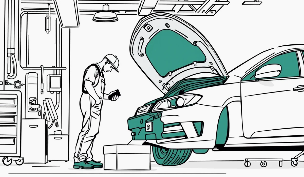 Technik v servise kontroluje motorový priestor a bezpečnostné prvky vozidla